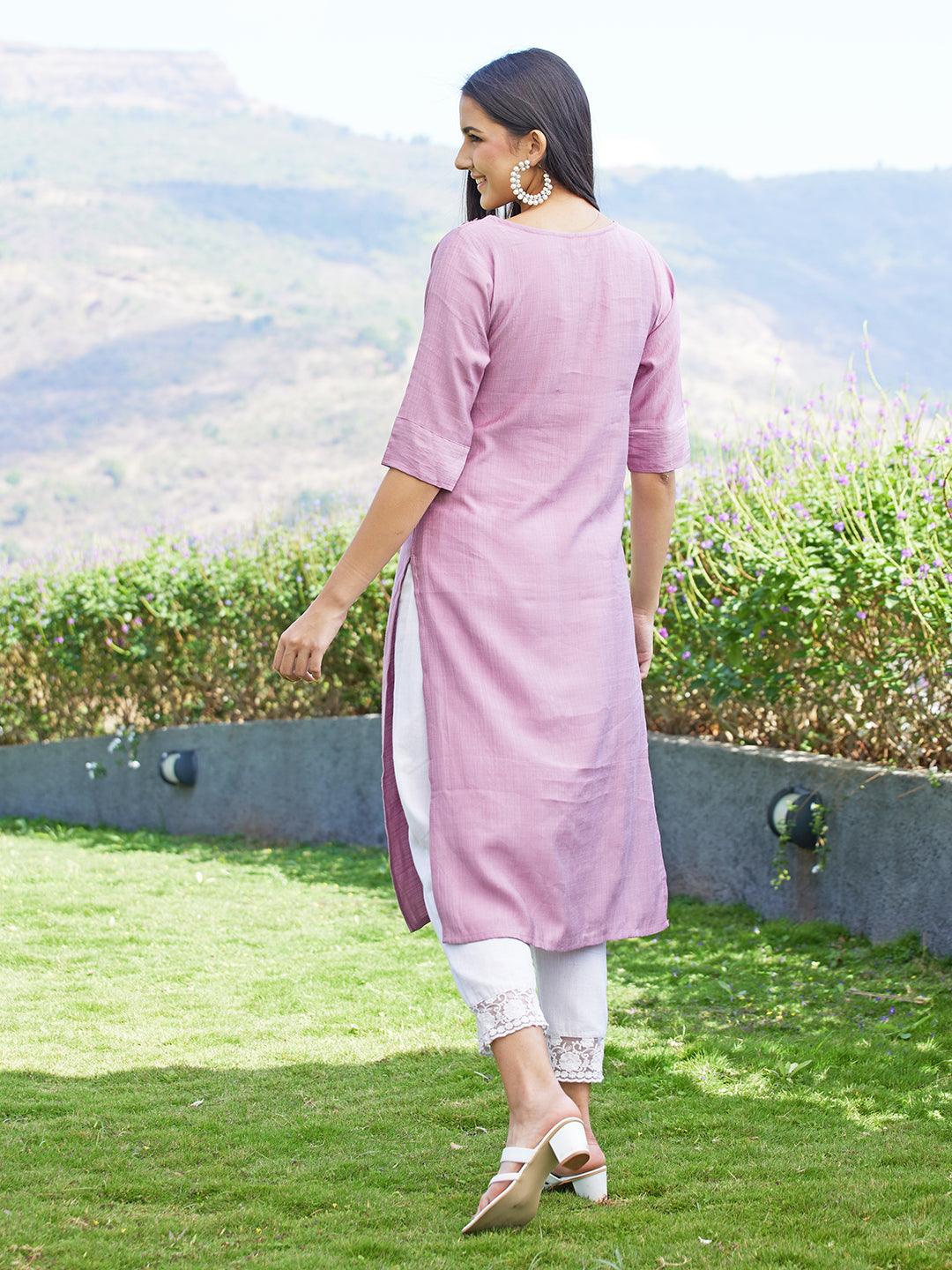 Ethnic Hand Embroidered Straight Fit Kurta - Mauve - Indiakreations