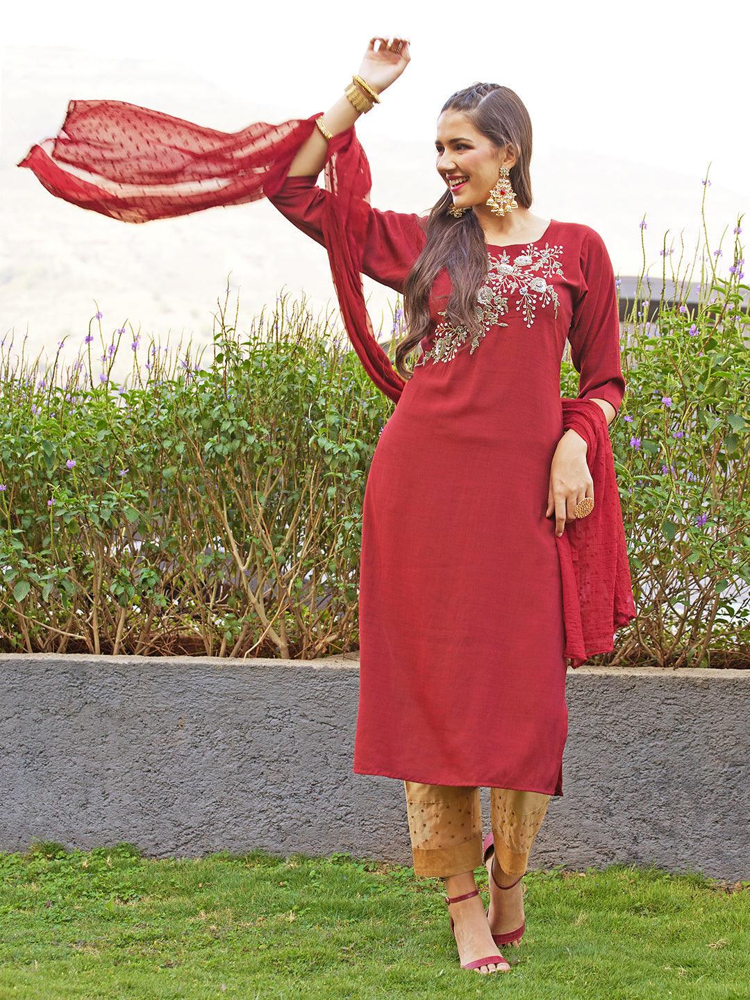 Floral Hand Embroidered Straight Kurta with Dupatta - Maroon - Indiakreations