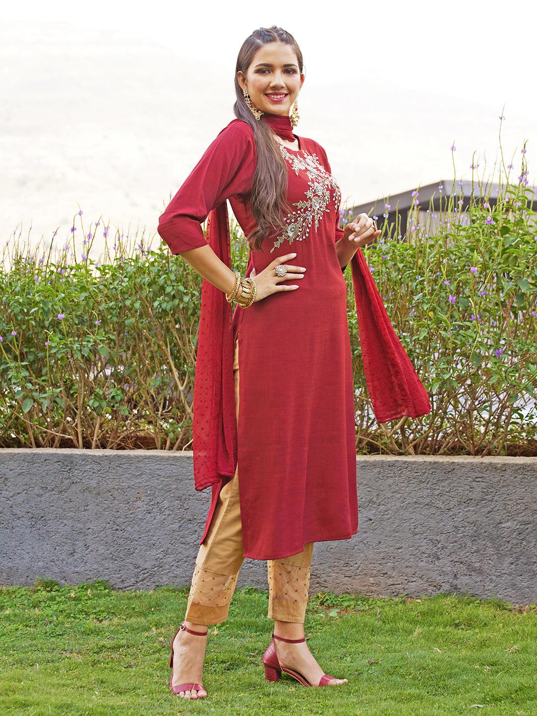 Floral Hand Embroidered Straight Kurta with Dupatta - Maroon - Indiakreations