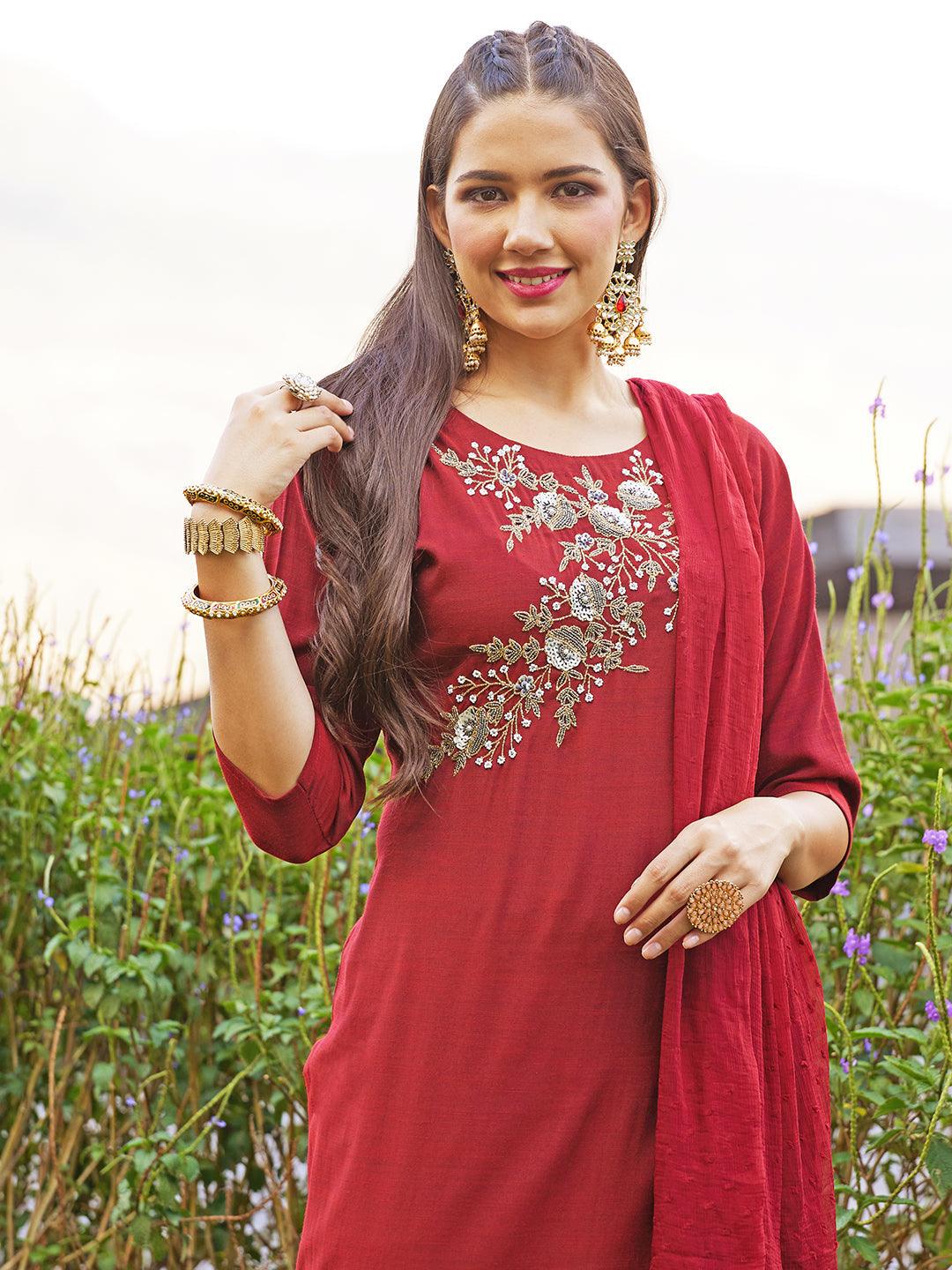 Floral Hand Embroidered Straight Kurta with Dupatta - Maroon - Indiakreations