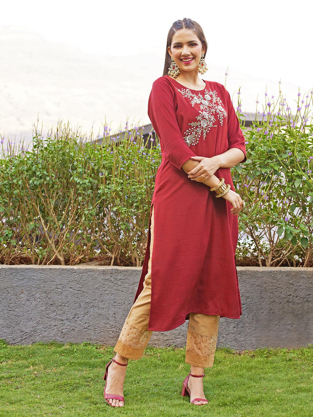 Floral Hand Embroidered Straight Kurta with Dupatta - Maroon - Indiakreations