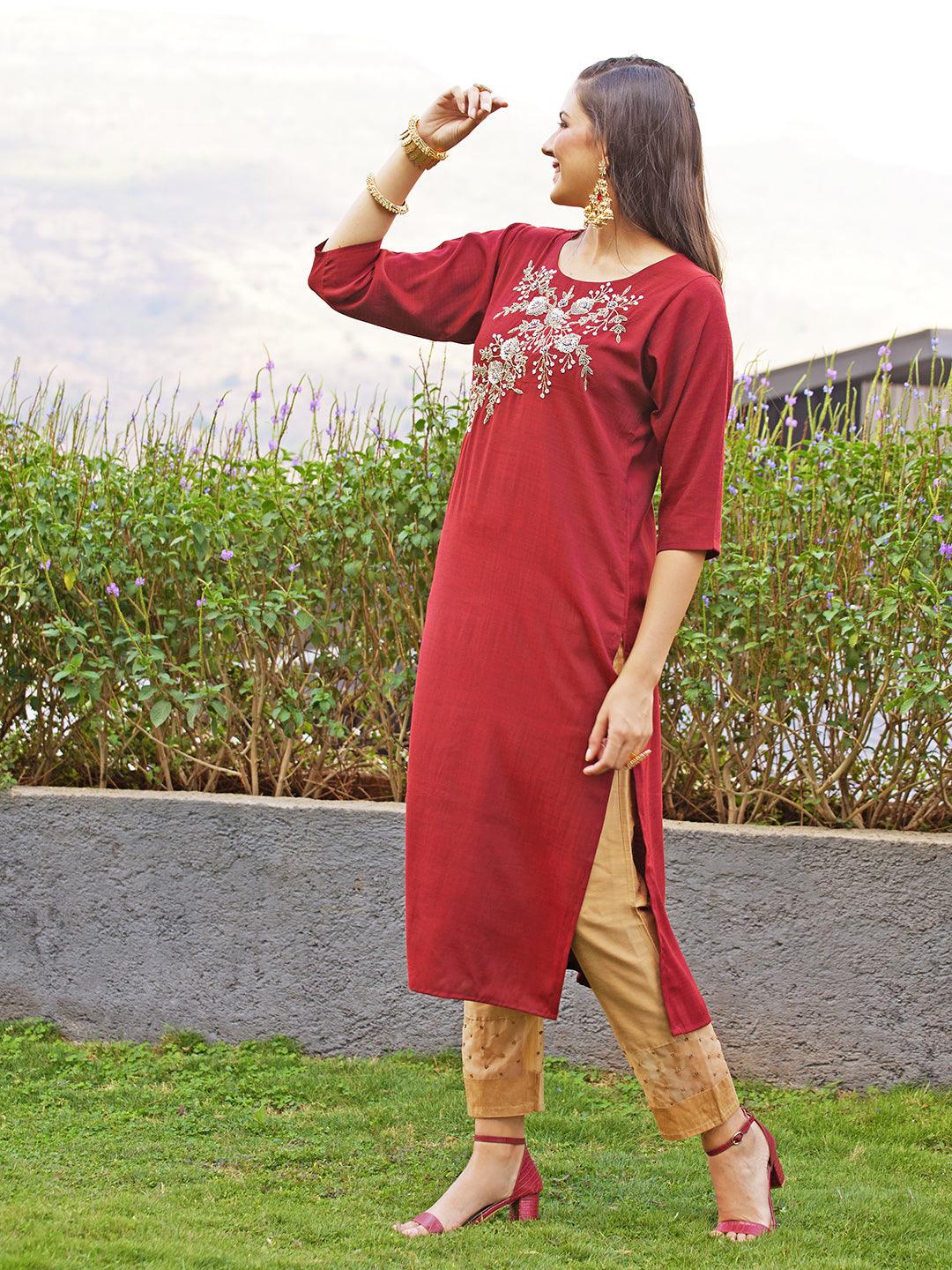 Floral Hand Embroidered Straight Kurta with Dupatta - Maroon - Indiakreations