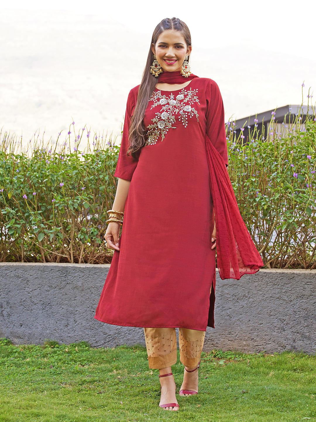 Floral Hand Embroidered Straight Kurta with Dupatta - Maroon - Indiakreations