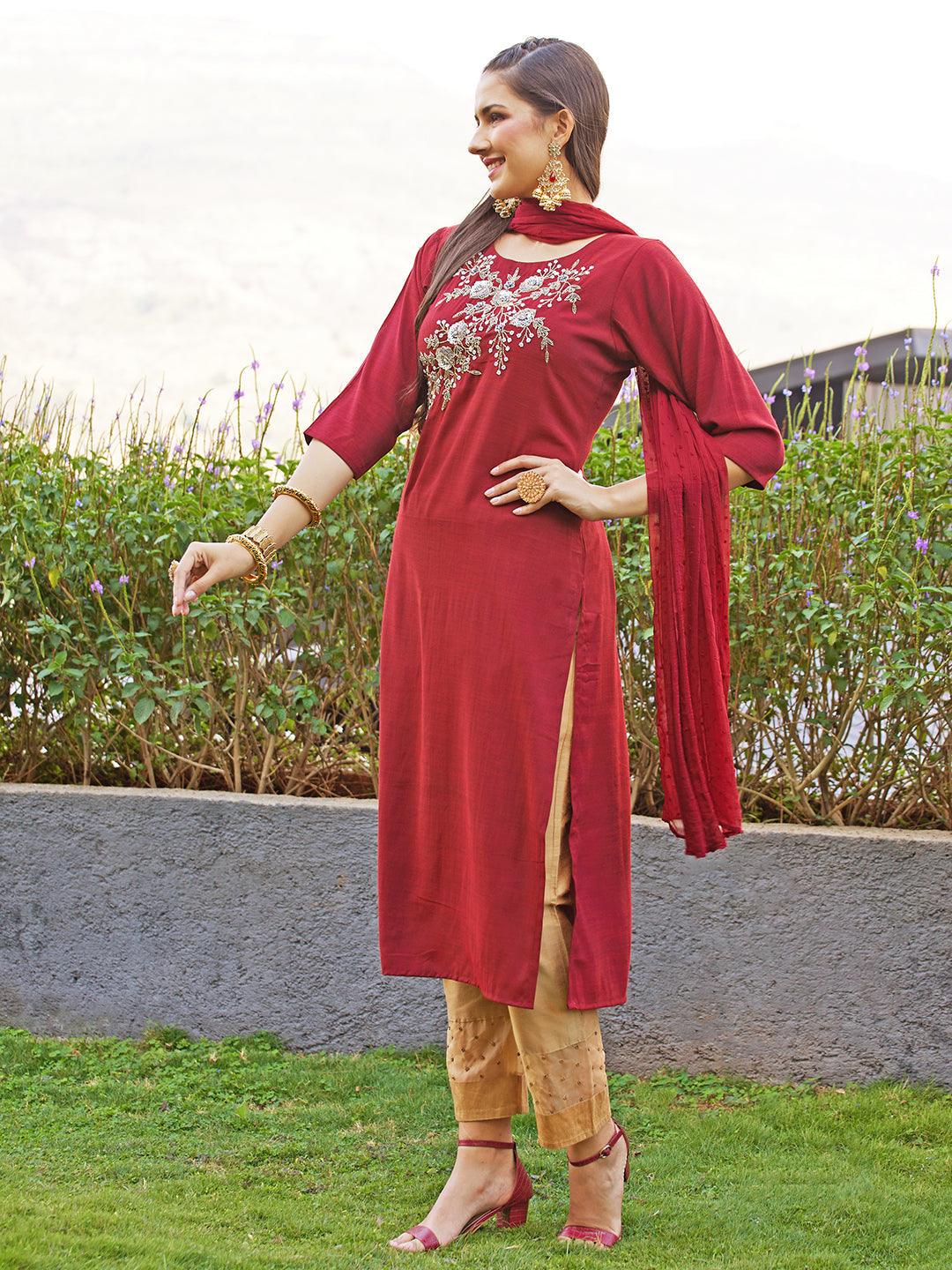 Floral Hand Embroidered Straight Kurta with Dupatta - Maroon - Indiakreations