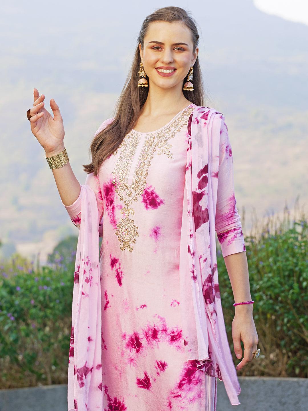 Tie-Dyed Printed & Hand Embroidered Kurta with Pants & Dupatta - Light Pink - Indiakreations