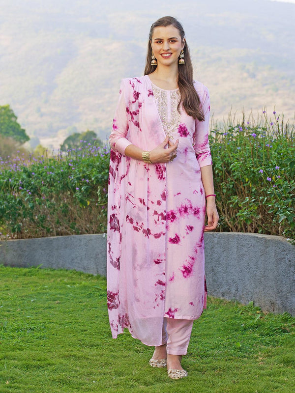 Tie-Dyed Printed & Hand Embroidered Kurta with Pants & Dupatta - Light Pink - Indiakreations