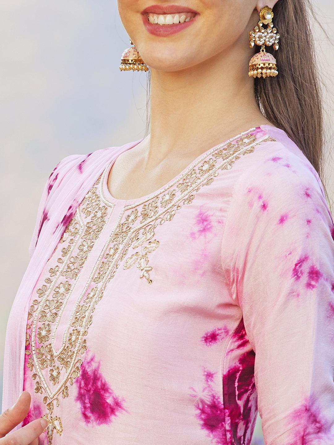 Tie-Dyed Printed & Hand Embroidered Kurta with Pants & Dupatta - Light Pink - Indiakreations