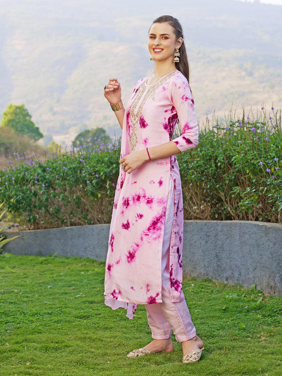 Tie-Dyed Printed & Hand Embroidered Kurta with Pants & Dupatta - Light Pink - Indiakreations