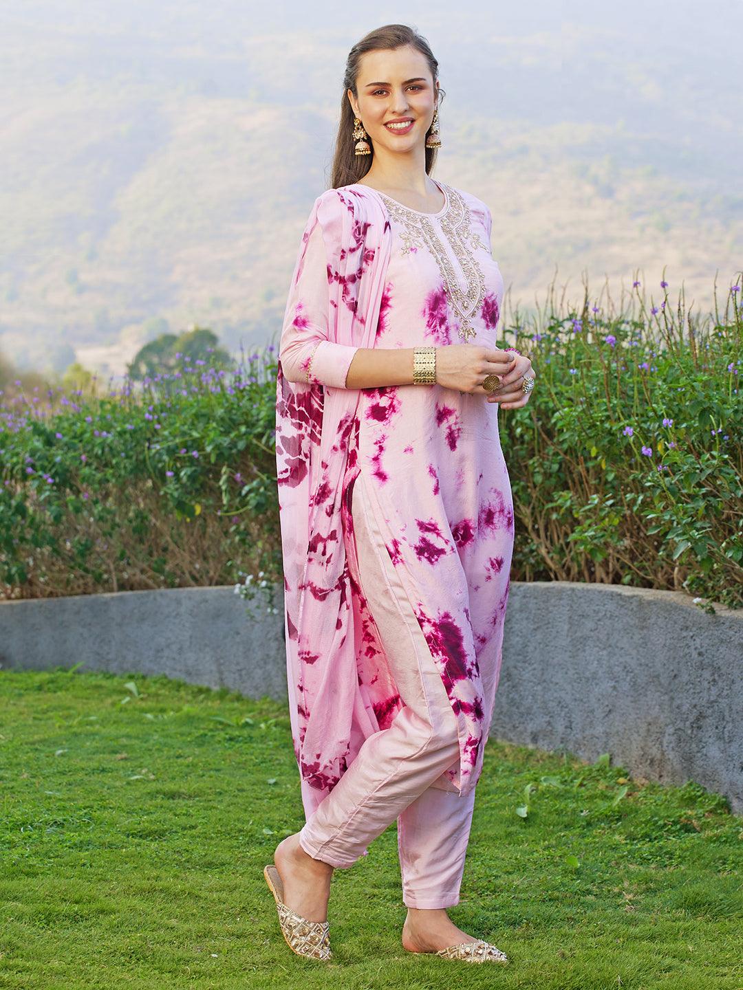 Tie-Dyed Printed & Hand Embroidered Kurta with Pants & Dupatta - Light Pink - Indiakreations