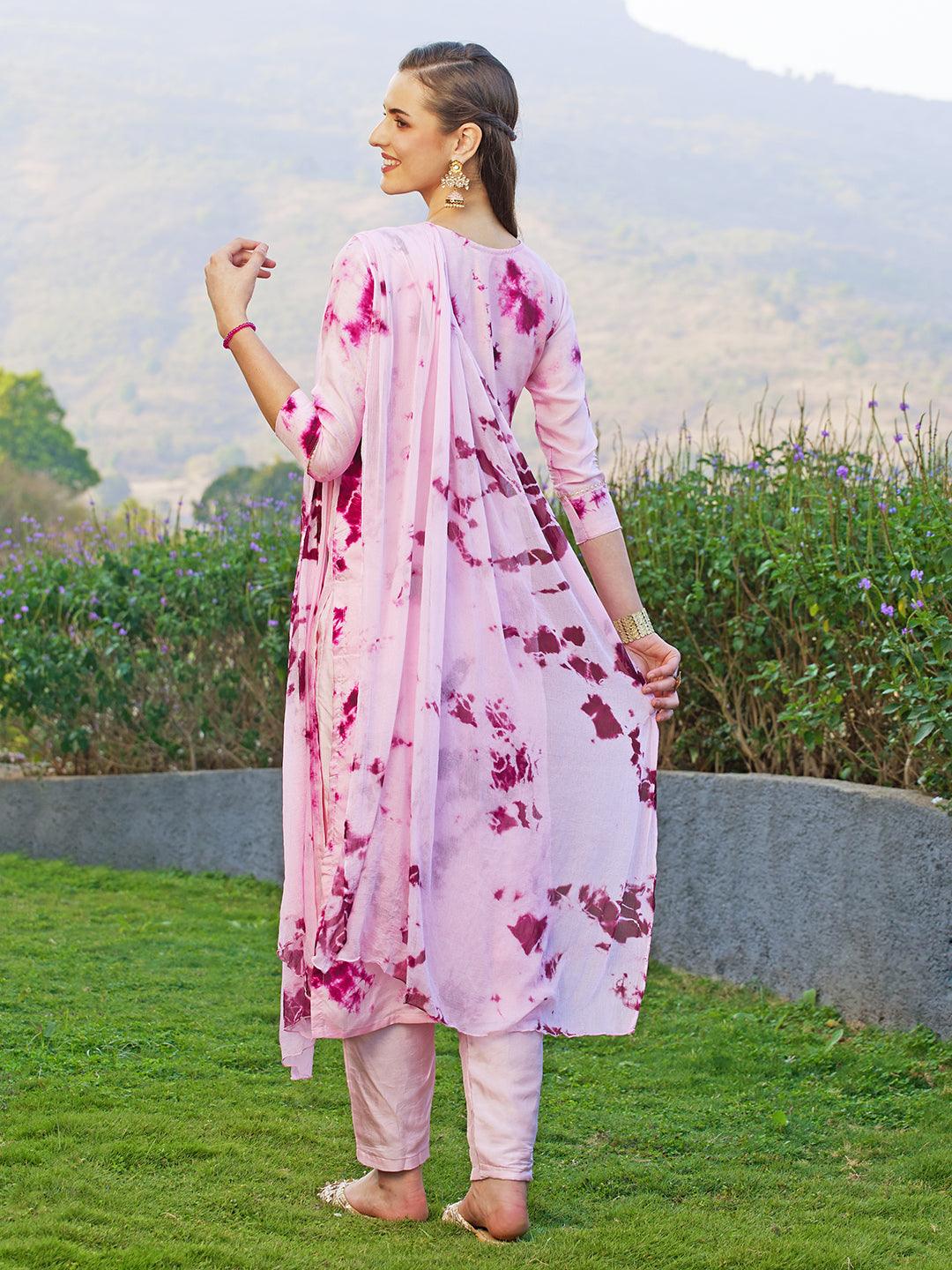 Tie-Dyed Printed & Hand Embroidered Kurta with Pants & Dupatta - Light Pink - Indiakreations