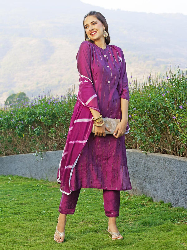 Ethnic Embroidered Straight Fit Kurta with Pants & Dupatta - Wine - Indiakreations