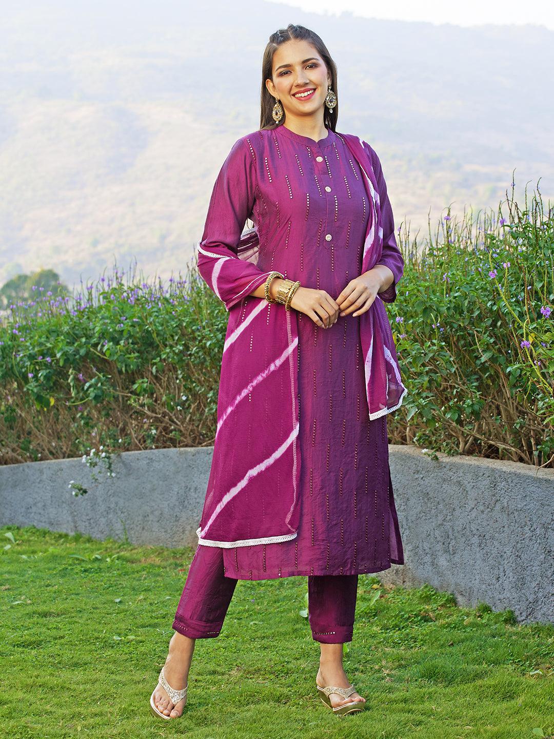 Ethnic Embroidered Straight Fit Kurta with Pants & Dupatta - Wine - Indiakreations