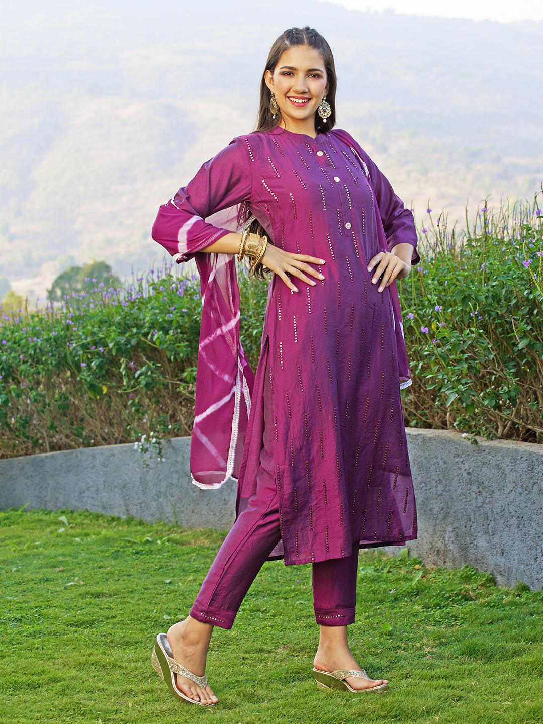 Ethnic Embroidered Straight Fit Kurta with Pants & Dupatta - Wine - Indiakreations