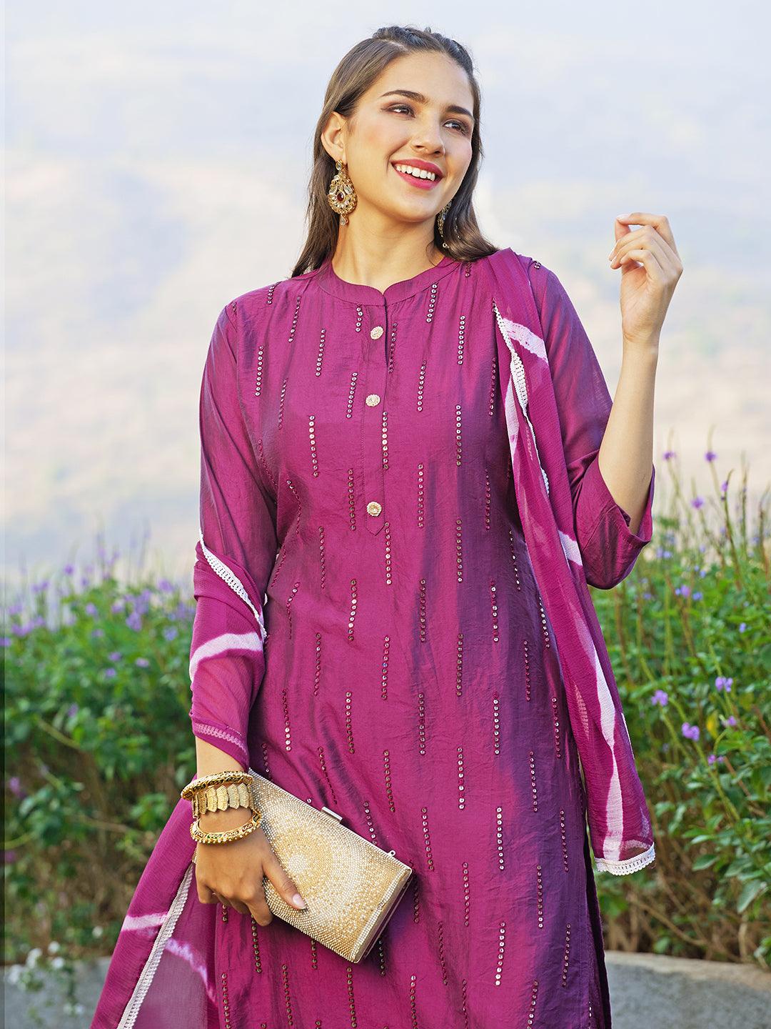 Ethnic Embroidered Straight Fit Kurta with Pants & Dupatta - Wine - Indiakreations