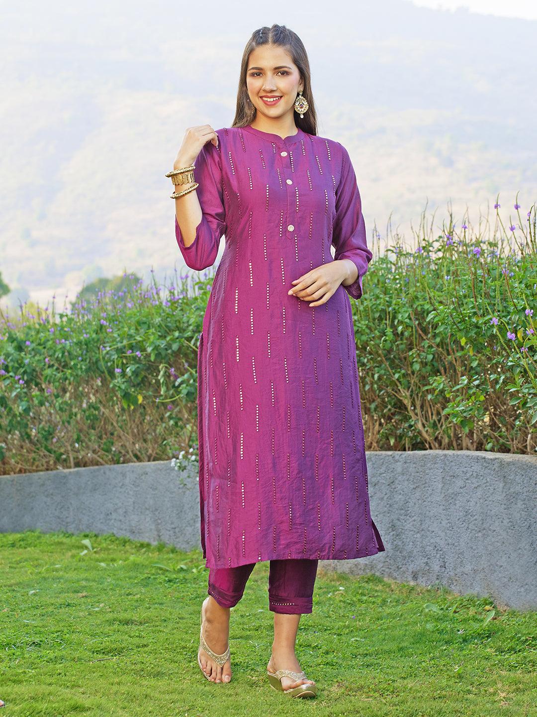 Ethnic Embroidered Straight Fit Kurta with Pants & Dupatta - Wine - Indiakreations