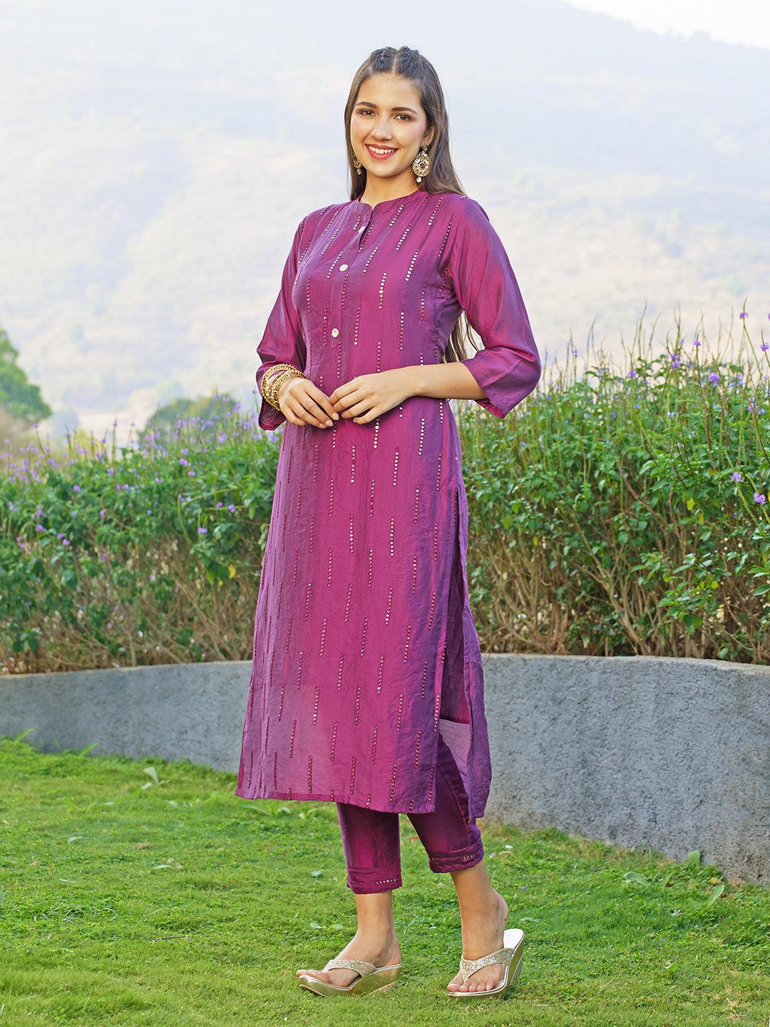 Ethnic Embroidered Straight Fit Kurta with Pants & Dupatta - Wine - Indiakreations