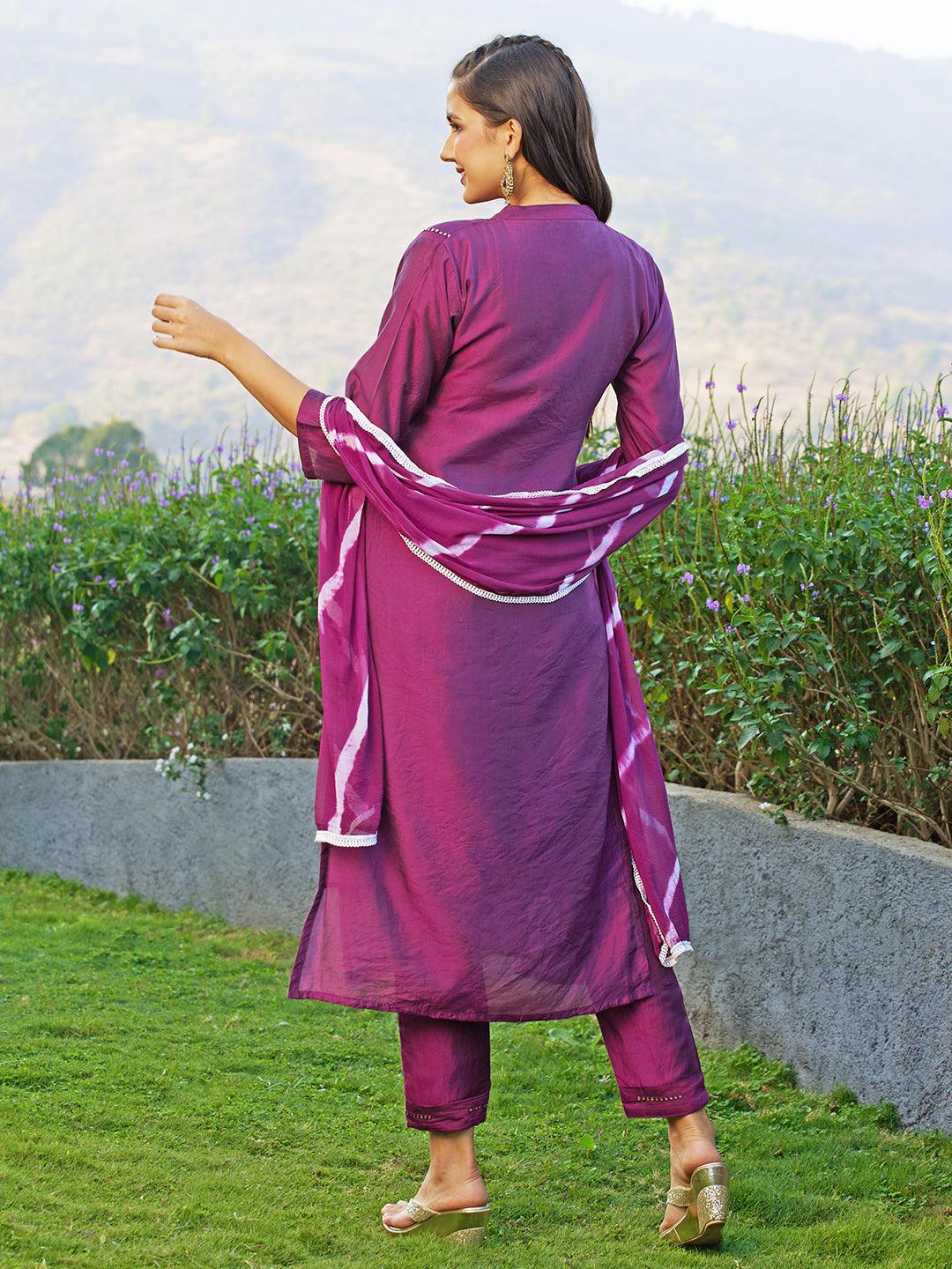 Ethnic Embroidered Straight Fit Kurta with Pants & Dupatta - Wine - Indiakreations