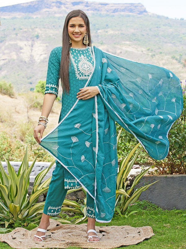 Ethnic Embroidered Straight Kurta with Pants & Dupatta - Jade Green - Indiakreations