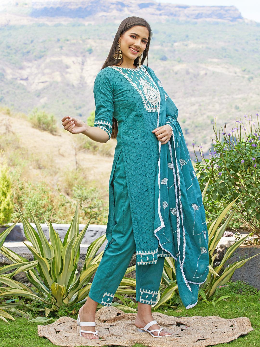 Ethnic Embroidered Straight Kurta with Pants & Dupatta - Jade Green - Indiakreations