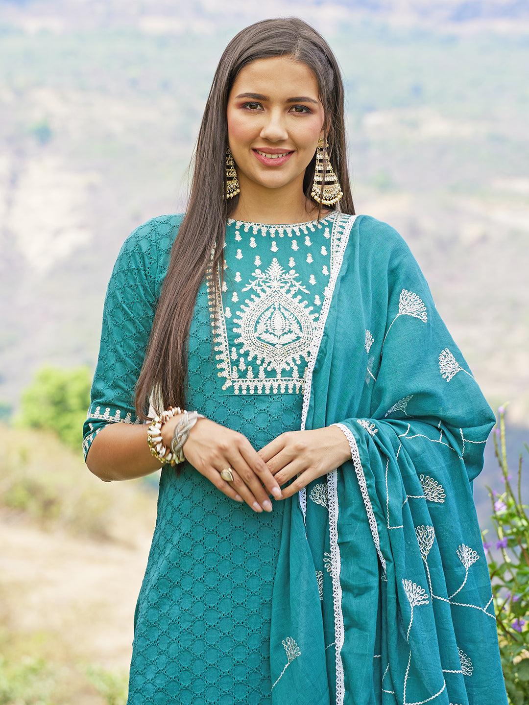 Ethnic Embroidered Straight Kurta with Pants & Dupatta - Jade Green - Indiakreations