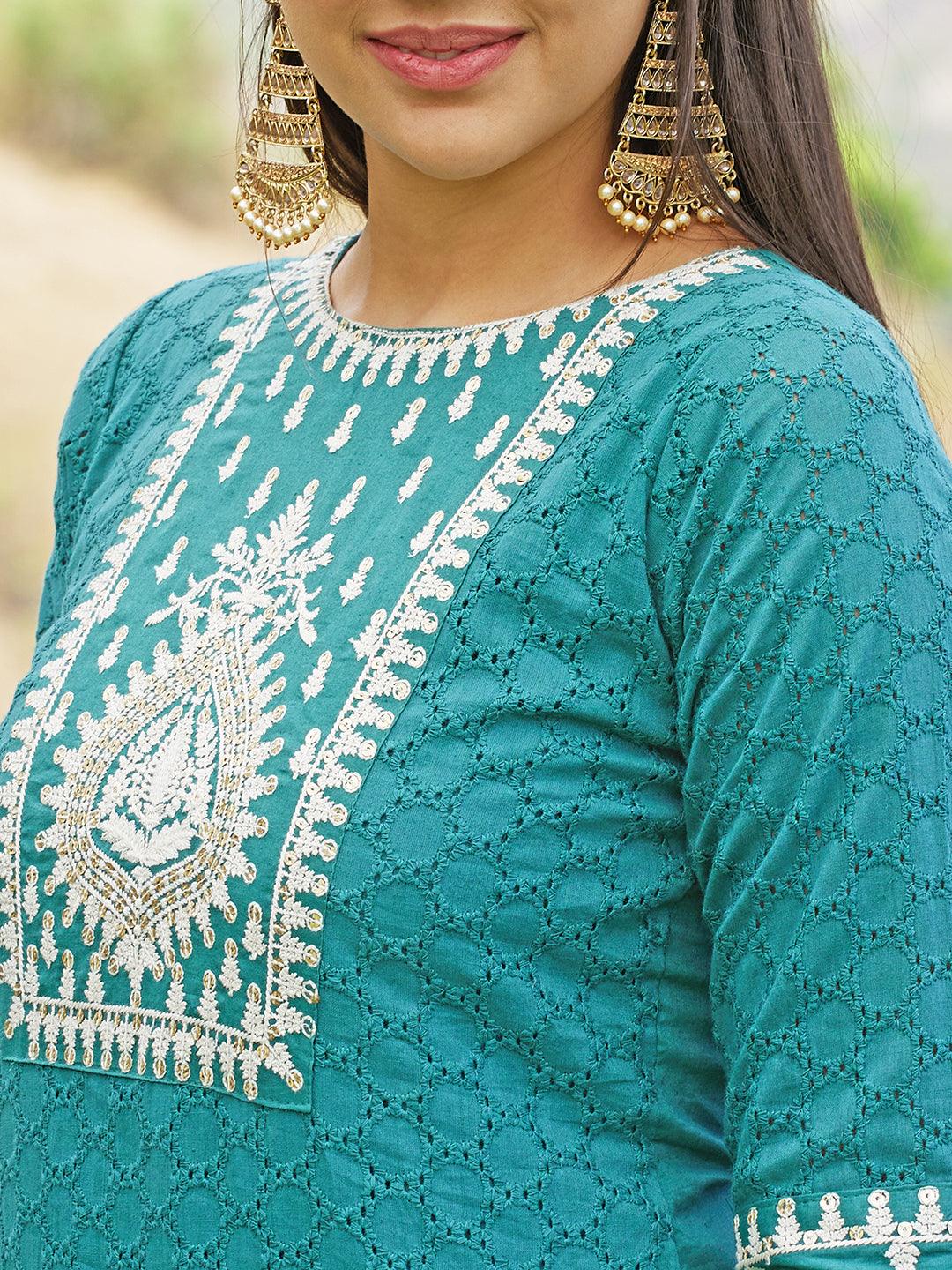 Ethnic Embroidered Straight Kurta with Pants & Dupatta - Jade Green - Indiakreations