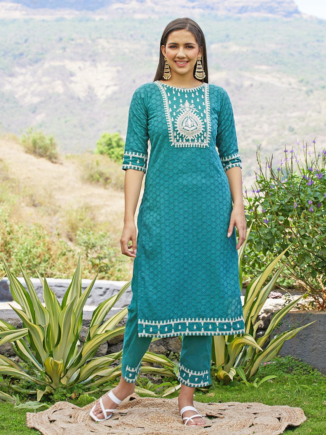 Ethnic Embroidered Straight Kurta with Pants & Dupatta - Jade Green - Indiakreations