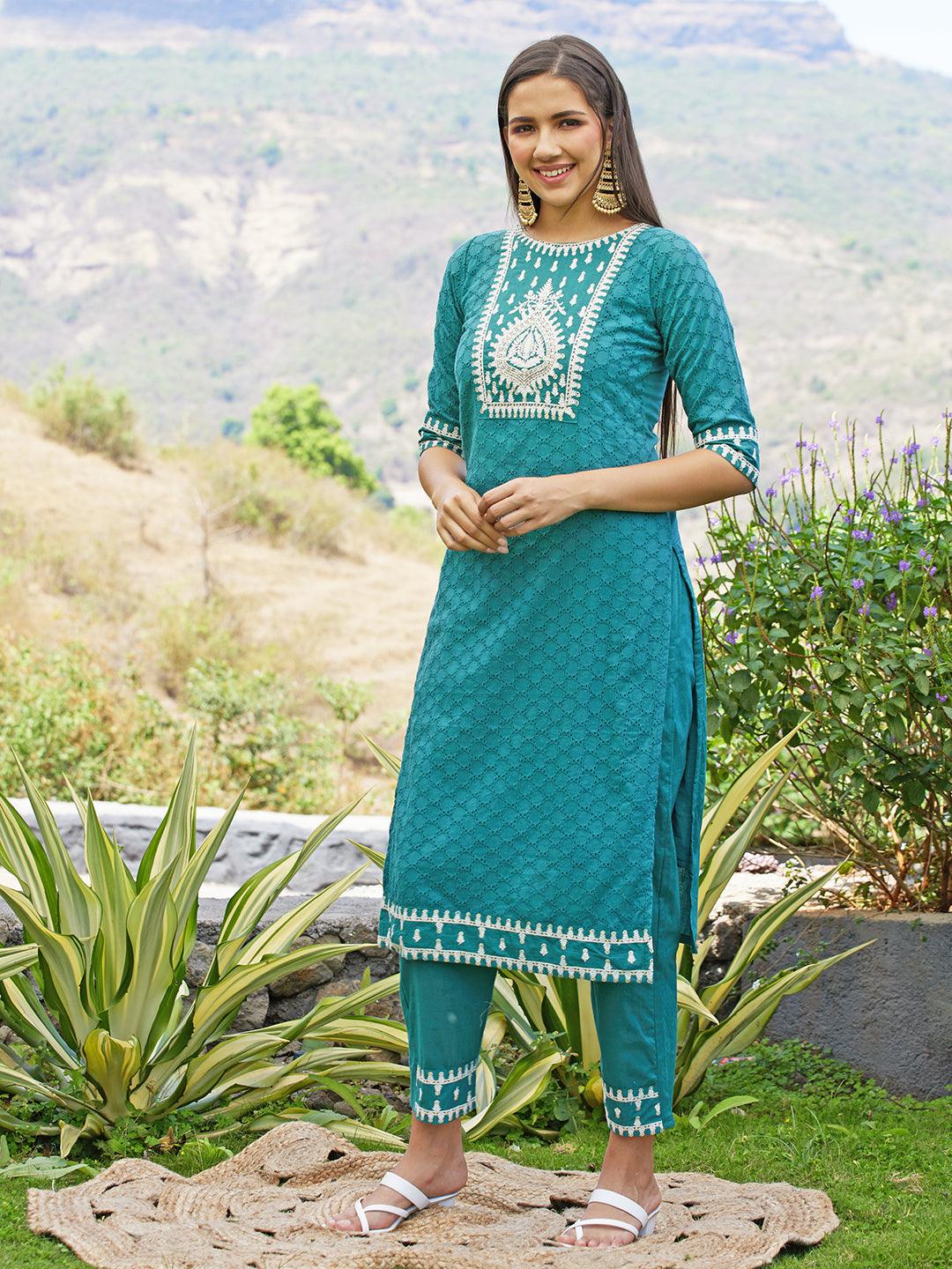 Ethnic Embroidered Straight Kurta with Pants & Dupatta - Jade Green - Indiakreations