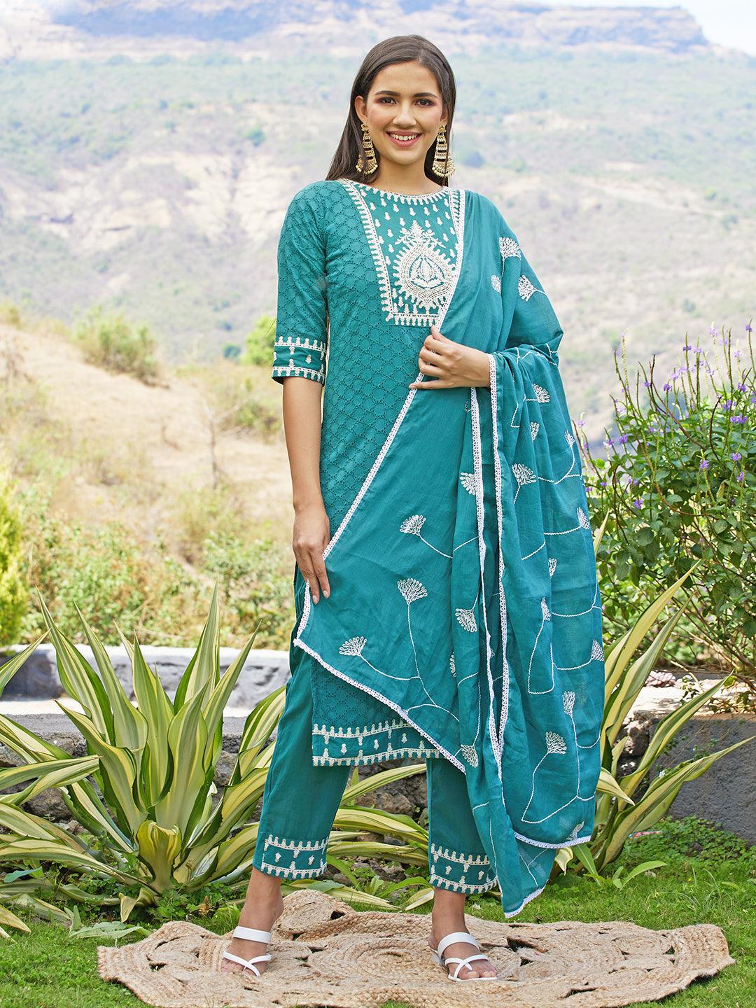 Ethnic Embroidered Straight Kurta with Pants & Dupatta - Jade Green - Indiakreations