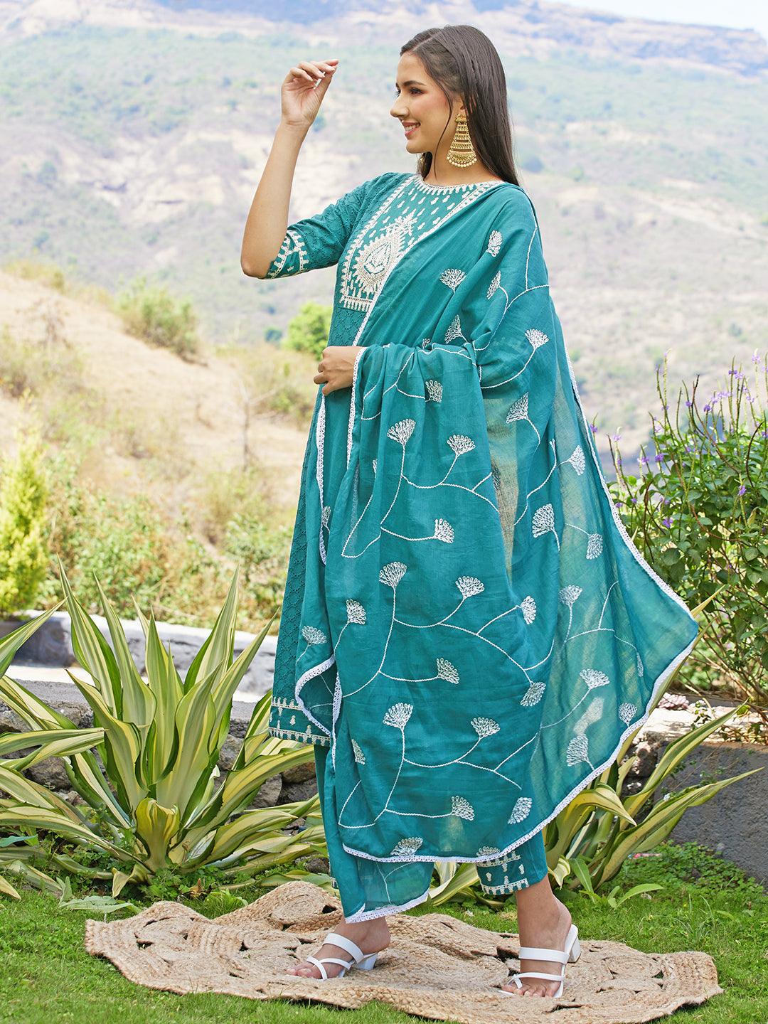 Ethnic Embroidered Straight Kurta with Pants & Dupatta - Jade Green - Indiakreations