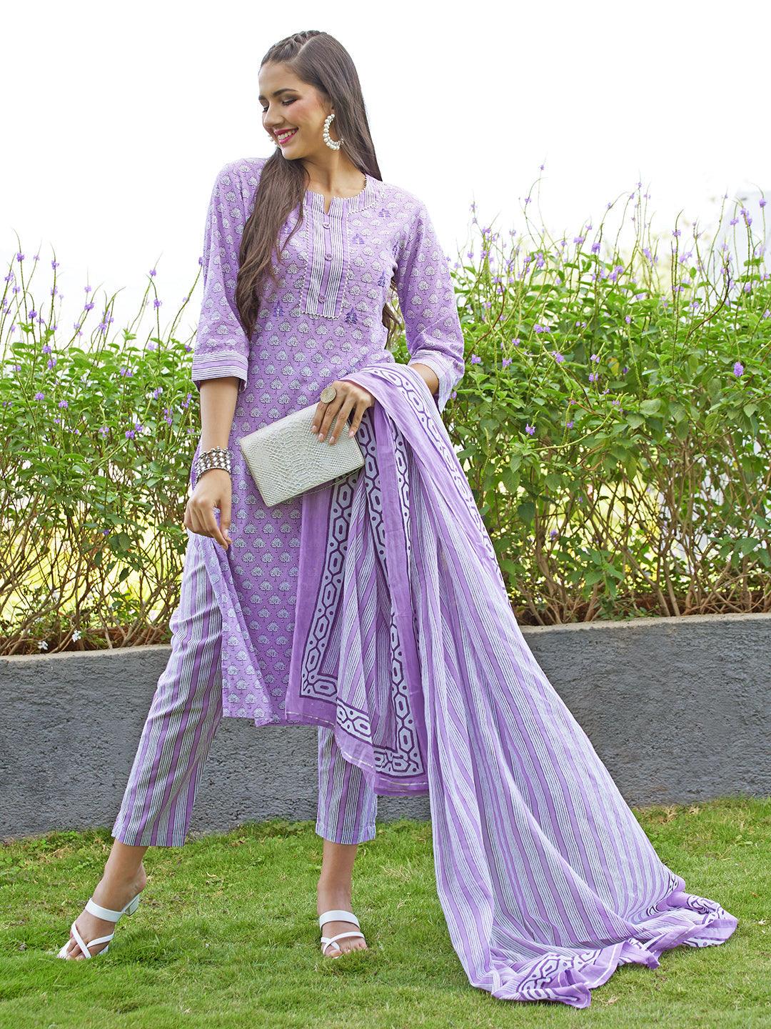 Floral Printed & Embroidered Straight Kurta with Pants and Dupatta - Lavender - Indiakreations