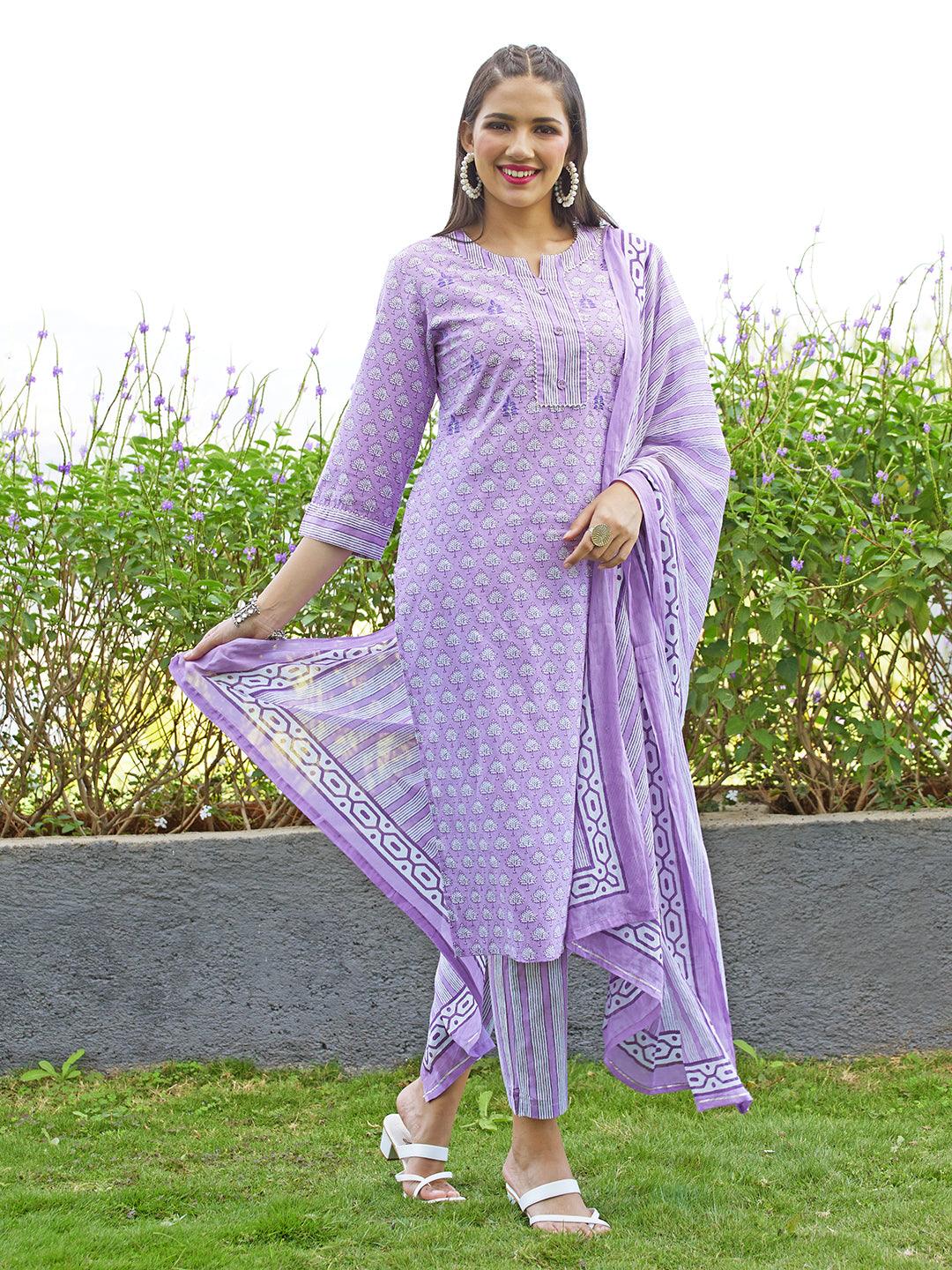 Floral Printed & Embroidered Straight Kurta with Pants and Dupatta - Lavender - Indiakreations