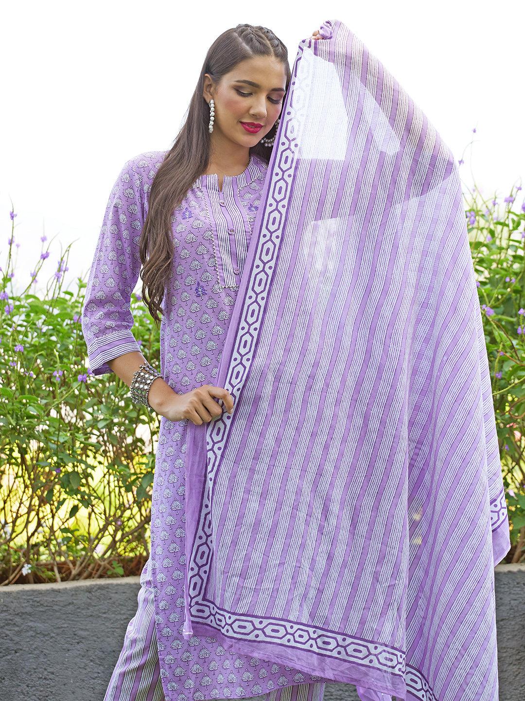 Floral Printed & Embroidered Straight Kurta with Pants and Dupatta - Lavender - Indiakreations