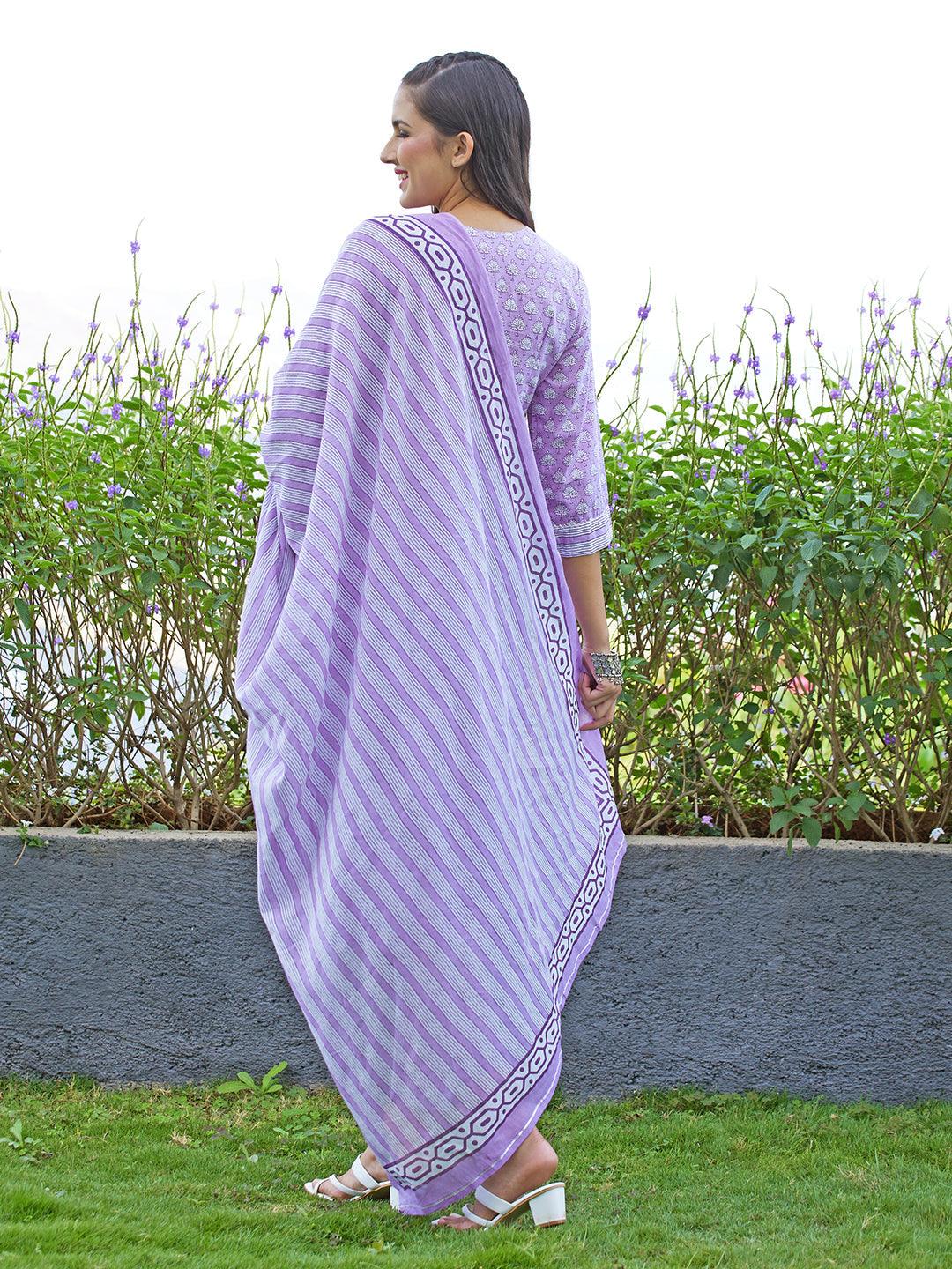 Floral Printed & Embroidered Straight Kurta with Pants and Dupatta - Lavender - Indiakreations