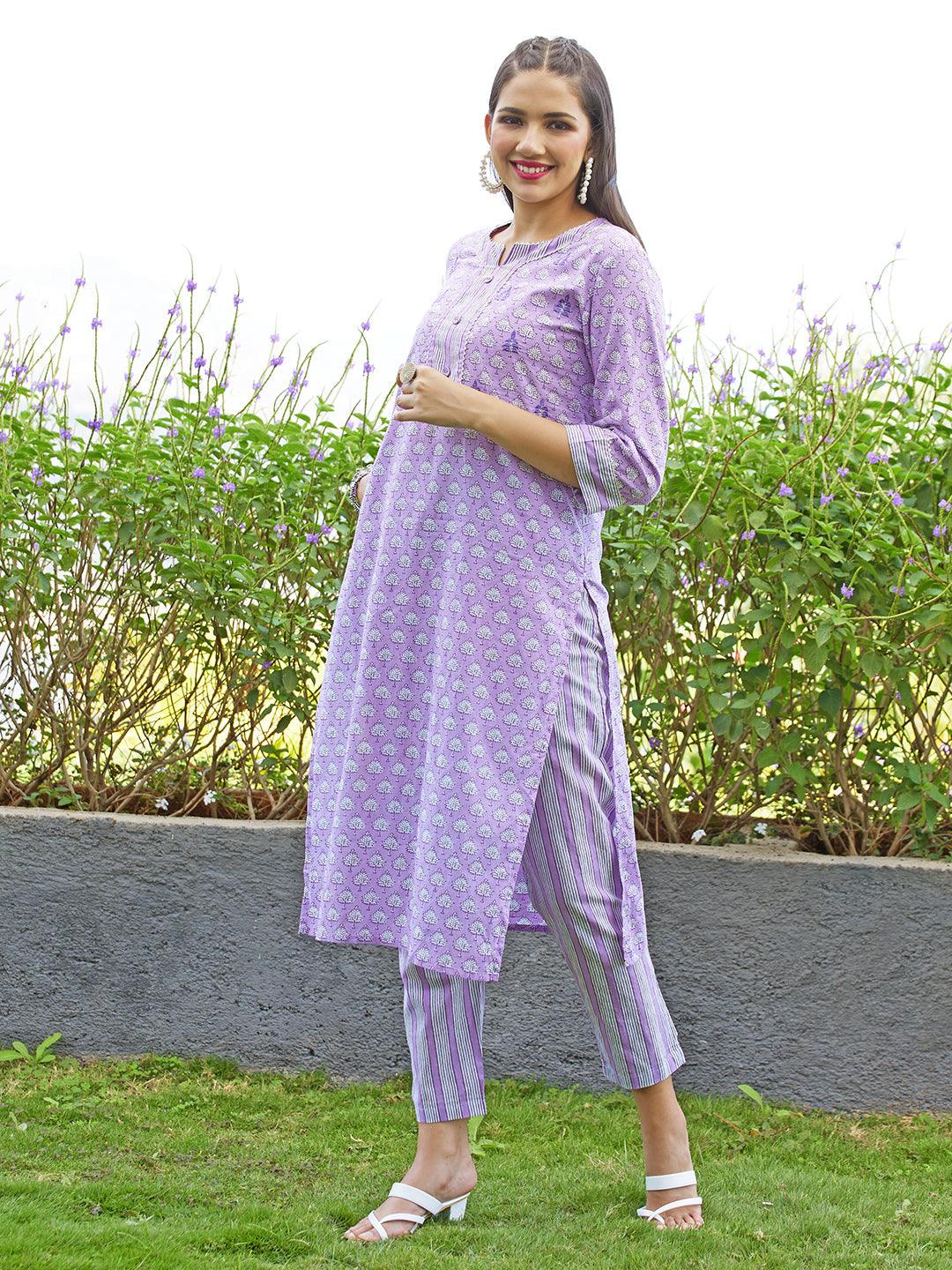 Floral Printed & Embroidered Straight Kurta with Pants and Dupatta - Lavender - Indiakreations