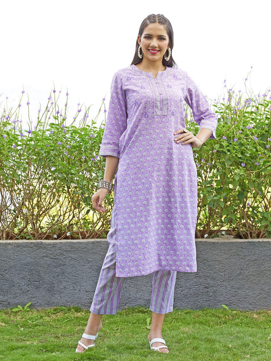 Floral Printed & Embroidered Straight Kurta with Pants and Dupatta - Lavender - Indiakreations