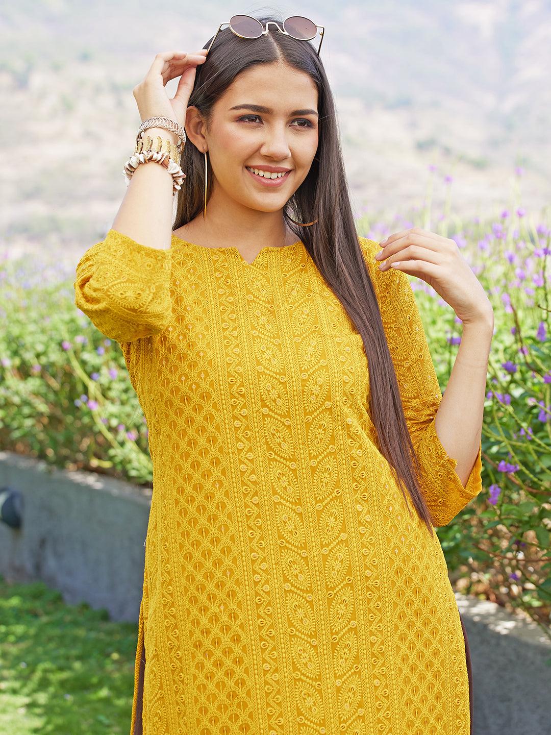 Chikankari Embroidered Straight Fit Kurta - Yellow - Indiakreations