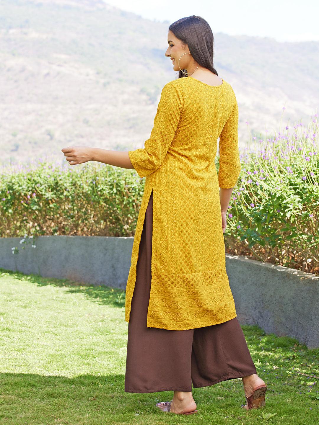 Chikankari Embroidered Straight Fit Kurta - Yellow - Indiakreations