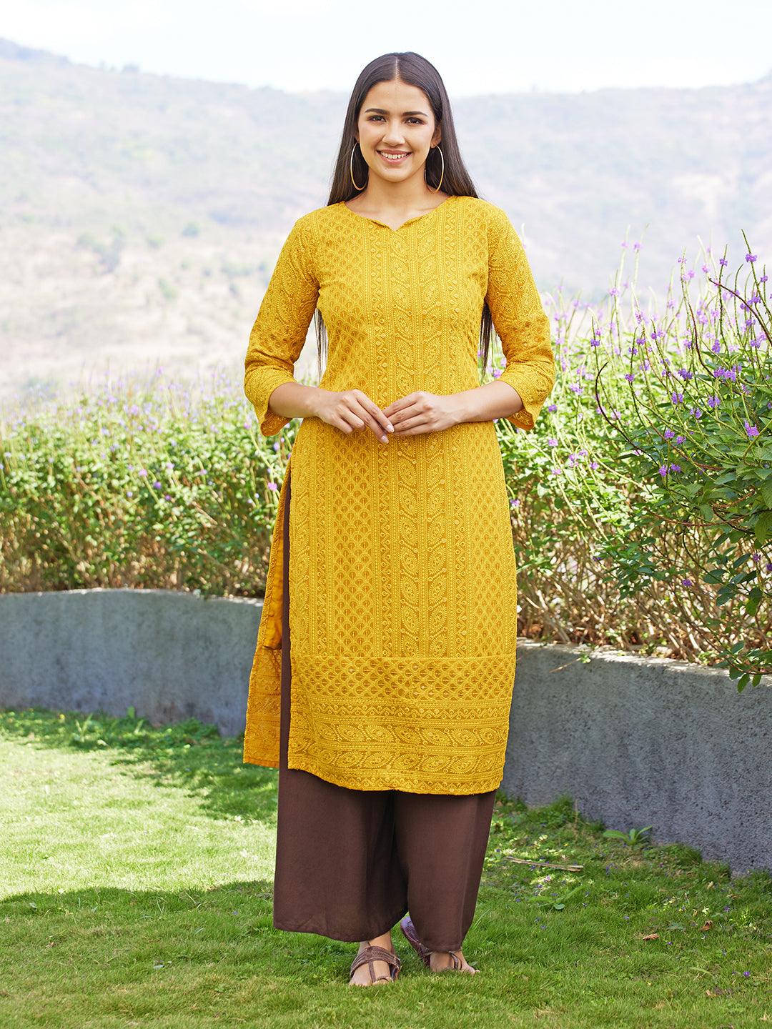 Chikankari Embroidered Straight Fit Kurta - Yellow - Indiakreations