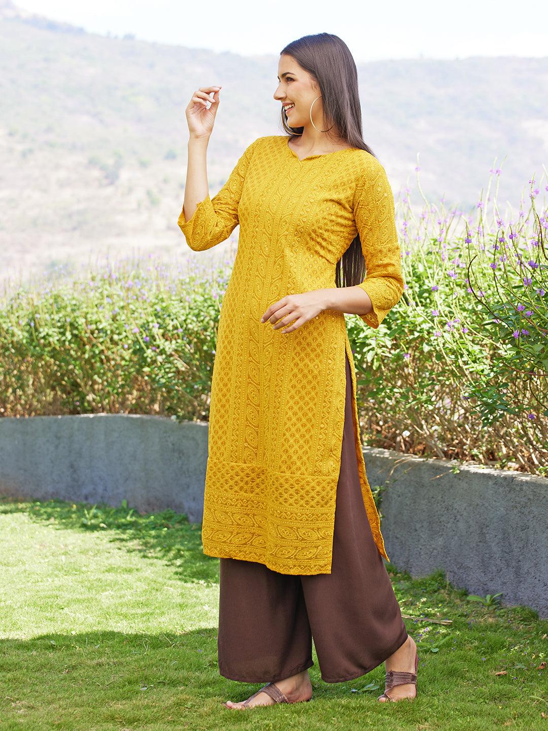 Chikankari Embroidered Straight Fit Kurta - Yellow - Indiakreations