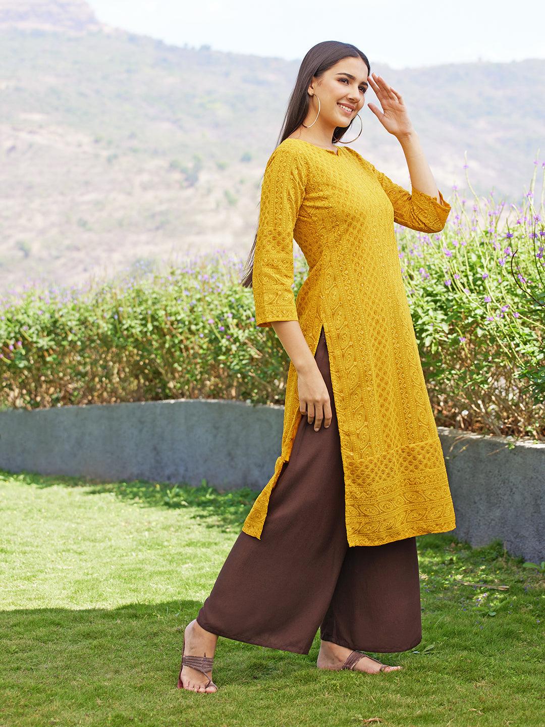 Chikankari Embroidered Straight Fit Kurta - Yellow - Indiakreations