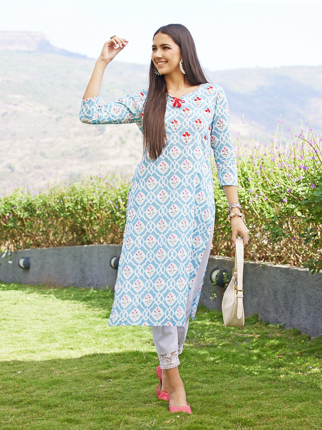 Floral Printed & Floral Embroidered Straight Fit Kurta - Sky Blue - Indiakreations