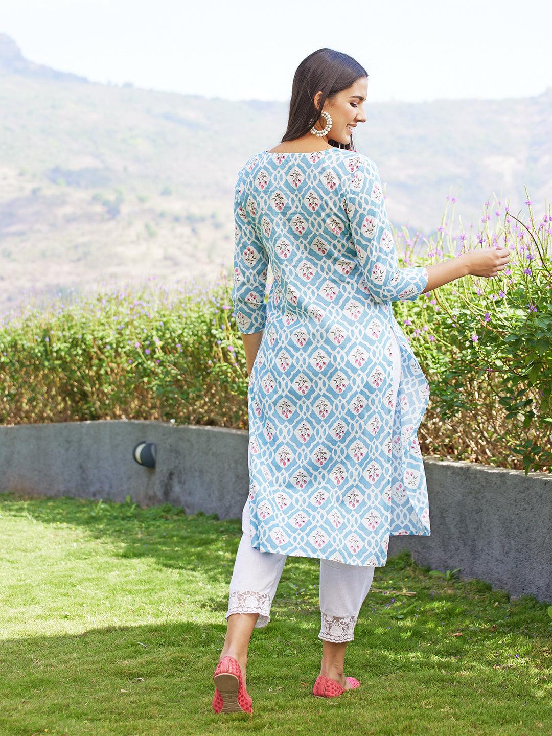 Floral Printed & Floral Embroidered Straight Fit Kurta - Sky Blue - Indiakreations