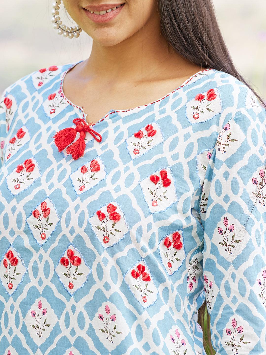 Floral Printed & Floral Embroidered Straight Fit Kurta - Sky Blue - Indiakreations