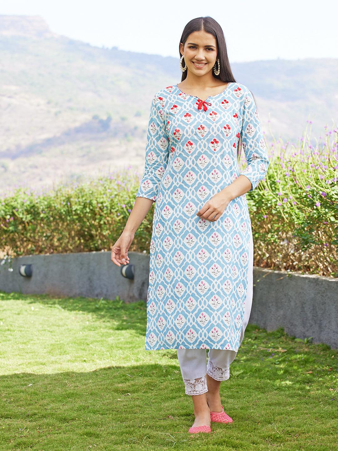 Floral Printed & Floral Embroidered Straight Fit Kurta - Sky Blue - Indiakreations