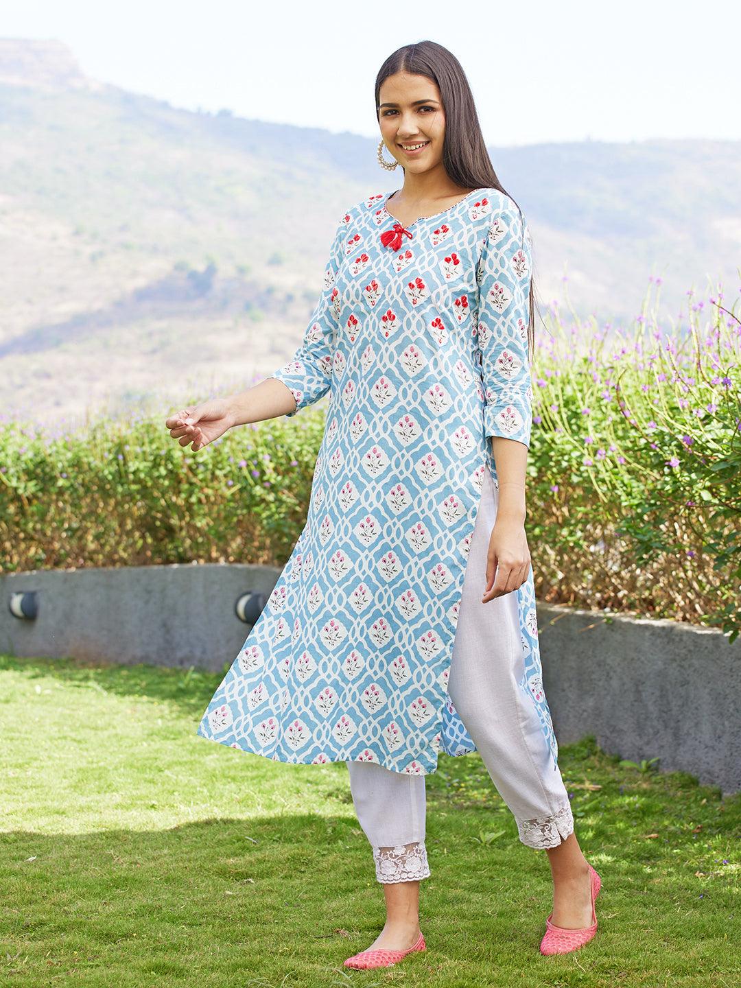 Floral Printed & Floral Embroidered Straight Fit Kurta - Sky Blue - Indiakreations