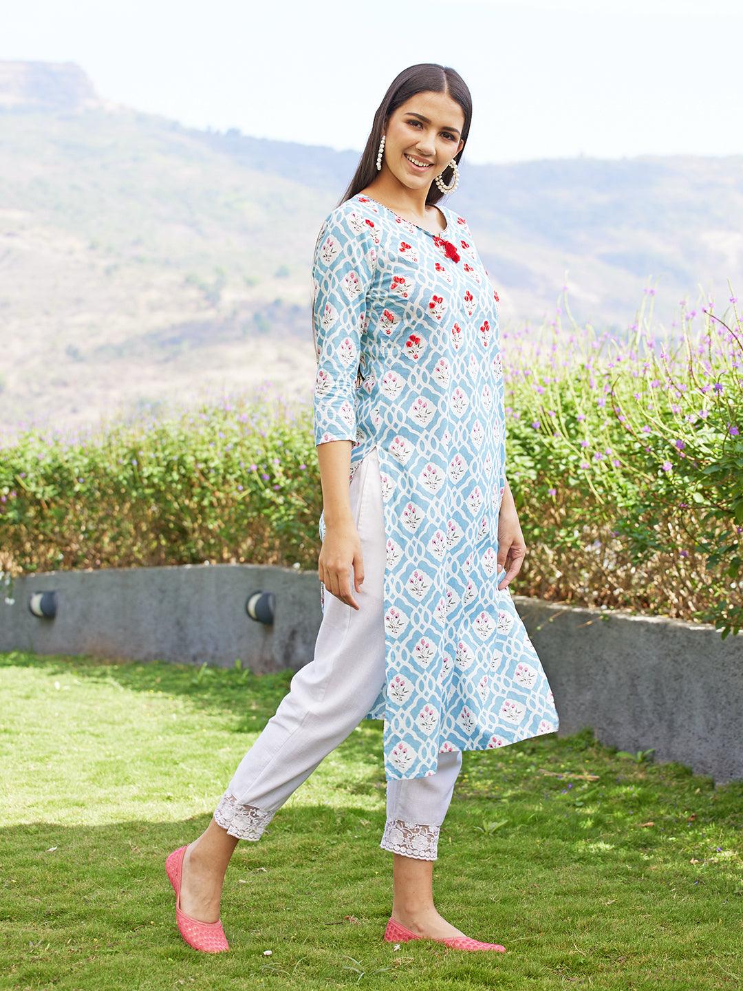 Floral Printed & Floral Embroidered Straight Fit Kurta - Sky Blue - Indiakreations