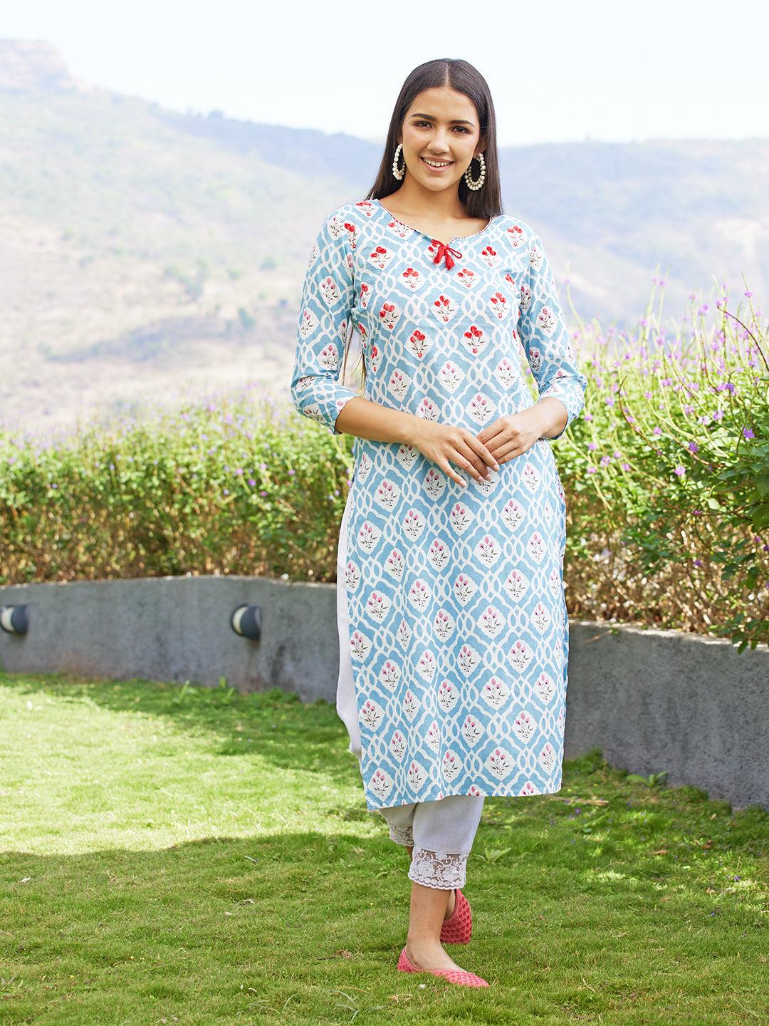 Floral Printed & Floral Embroidered Straight Fit Kurta - Sky Blue - Indiakreations