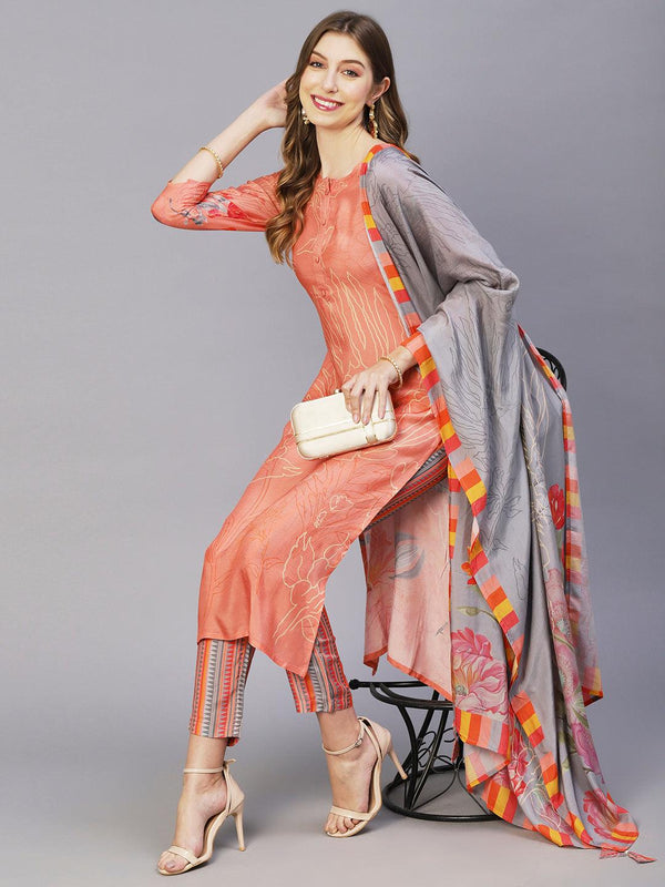 Floral Printed Zari Top Stitched Kurta With Pants & Floral Printed Tasseled Dupatta - Peach - Indiakreations