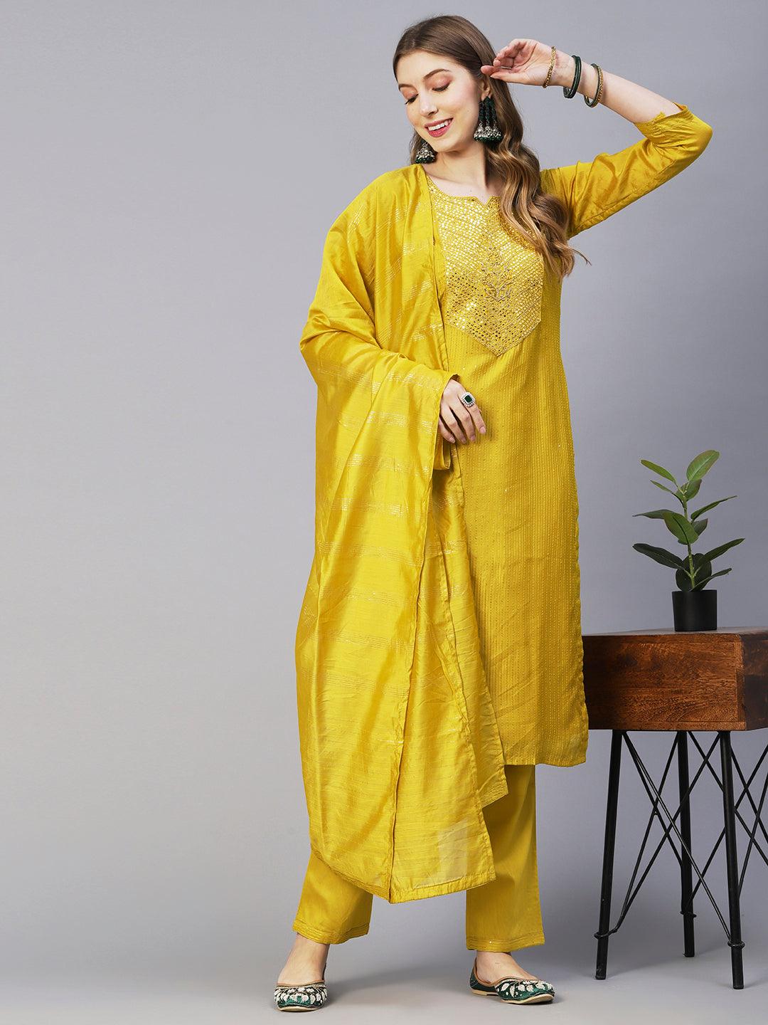 Ethnic Embroidered Solid Straight Fit Kurta with Pant & Dupatta - Mustard - Indiakreations