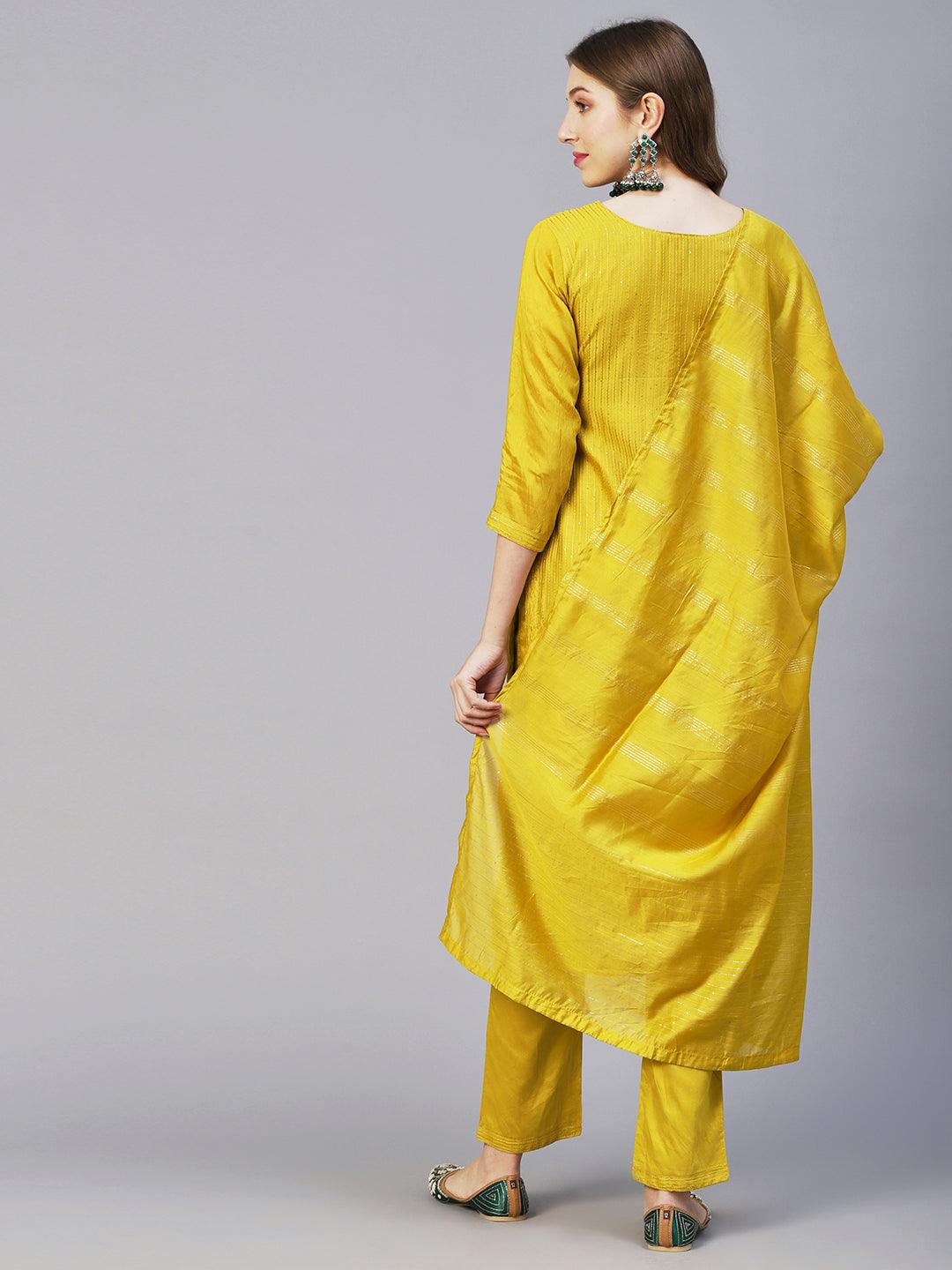 Ethnic Embroidered Solid Straight Fit Kurta with Pant & Dupatta - Mustard - Indiakreations